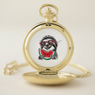 Cool Sloth Eating Watermelon Pocket Watch