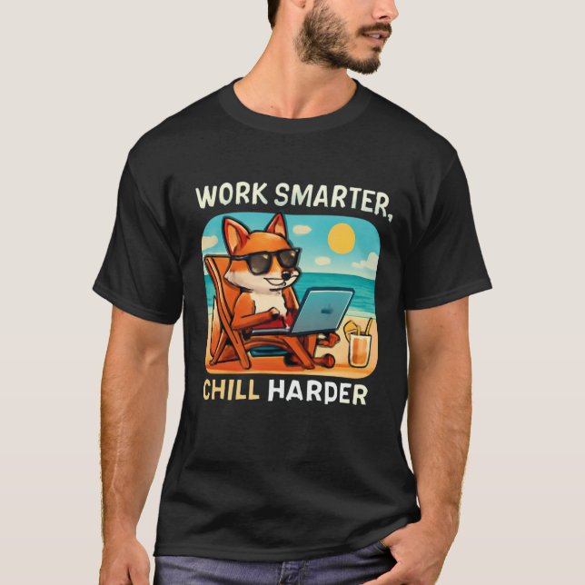 Cool Smart Fox on Beach with Laptop T-Shirt (Front)