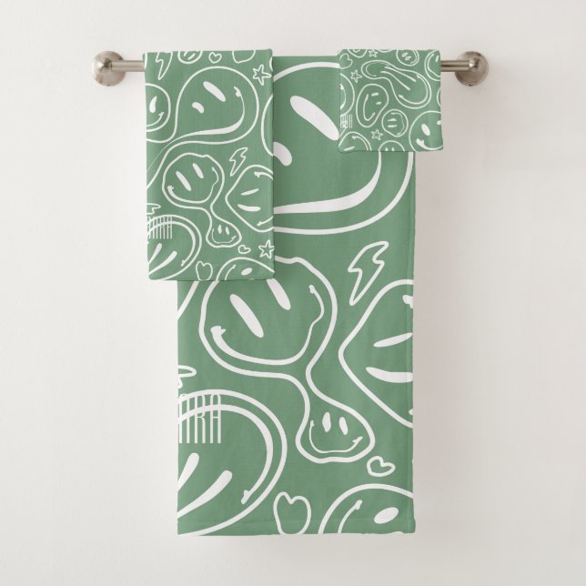 Cool Smiling Face Melting Smile Pattern Sage Green Bath Towel Set (Insitu)
