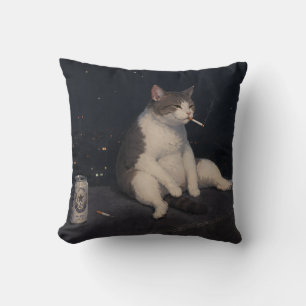 Cool Smoking Cat with Beer Can Night City View Throw Pillow