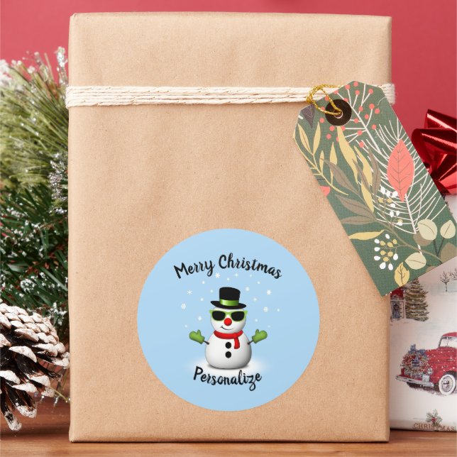 Cool Snowman Adorable Smirk Christmas Personalize Classic Round Sticker (Holiday)