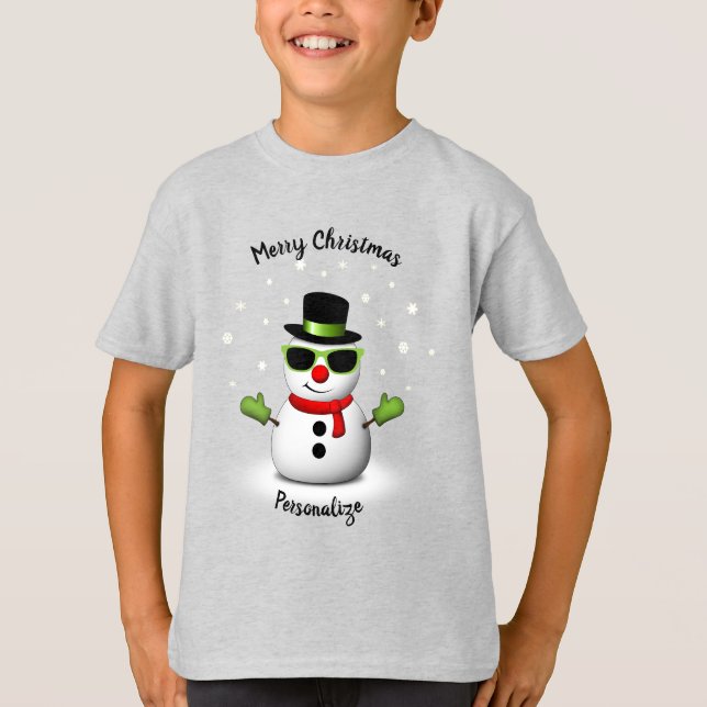 Cool Snowman Adorable Smirk Christmas Personalize T-Shirt (Front)