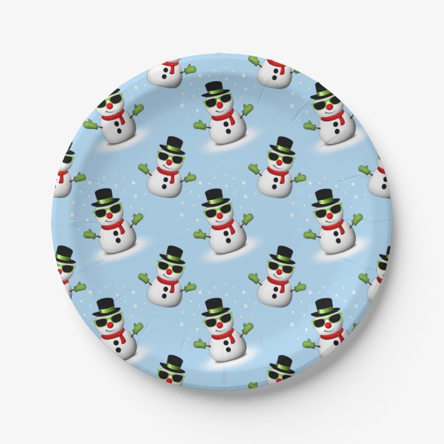 Cool Snowman Christmas Winter blue pattern Paper Plates (Front)