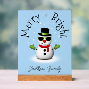 Cool Snowman Merry Bright Christmas Custom Family Acrylic Sign