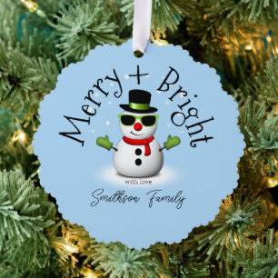 Cool Snowman Merry Bright Christmas Custom Family Ornament Card