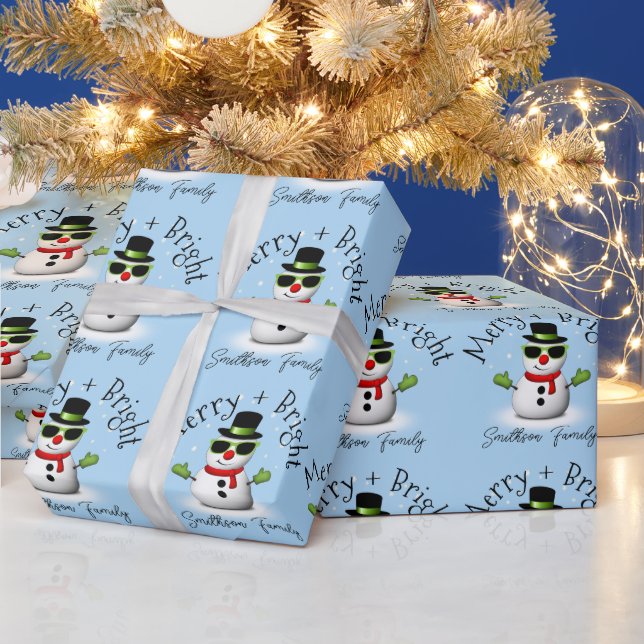 Cool Snowman Merry Bright Christmas Custom Family  Wrapping Paper (Holidays)