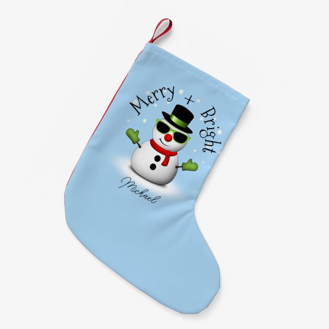 Cool Snowman Merry Bright Christmas Custom name Small Christmas Stocking (Front (Hanging))