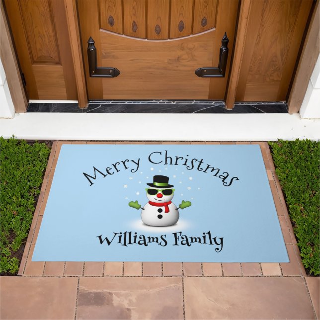 Cool Snowman Merry Christmas Custom Family name Doormat (Outdoor)