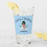 Cool Snowman Merry Christmas Custom Family name Glass<br><div class="desc">Cool Snowman Merry Christmas Winter Custom name Drinking Glass. Customize cute unique Drinkware. Illustration of a cool snowman with green sunglasses and gloves,  red scarf,  and black top hat on light blue.</div>