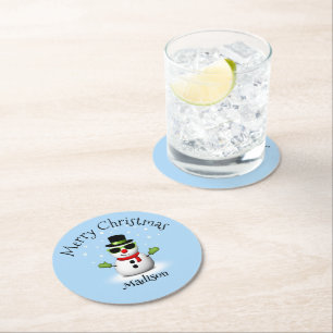 Cool Snowman Merry Christmas Winter Custom name Round Paper Coaster