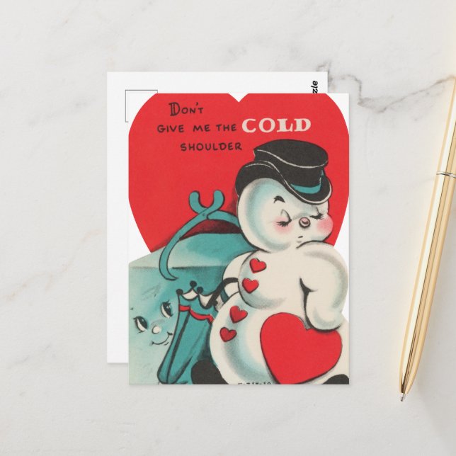 Cool snowman retro vintage Valentine Postcard (Front/Back In Situ)