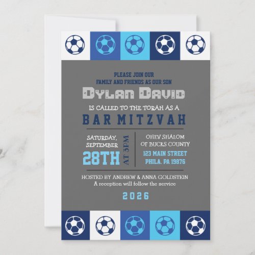 COOL SOCCER Blue Bar Bat Mitzvah Invitation