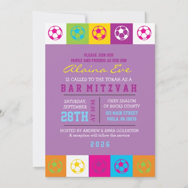 COOL SOCCER Neon Bar Bat Mitzvah Invitation (Front)