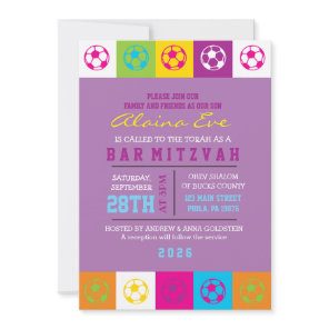 COOL SOCCER Neon Bar Bat Mitzvah Invitation