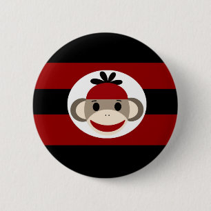 Cool Sock Monkey Beanie Hat Red Black Stripes Button