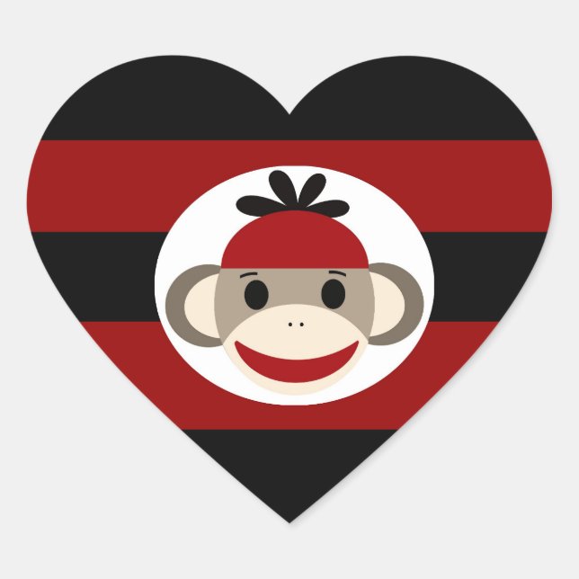 Cool Sock Monkey Beanie Hat Red Black Stripes Heart Sticker (Front)