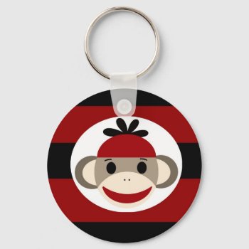Cool Sock Monkey Beanie Hat Red Black Stripes Keychain by azlaird at Zazzle