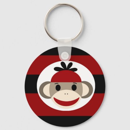 Cool Sock Monkey Beanie Hat Red Black Stripes Keychain