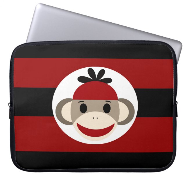 Cool Sock Monkey Beanie Hat Red Black Stripes Laptop Sleeve (Front)