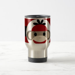 Cool Sock Monkey Beanie Hat Red Black Stripes Travel Mug