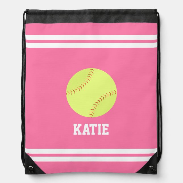 Cool Softball Themed Personalized Kids Drawstring Bag (Front)
