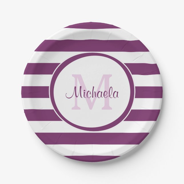 Cool Solid Magenta Purple Stripes and Monogram Paper Plates (Front)