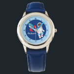 Cool Space Astronaut Boy Watch<br><div class="desc">Cool rocket ship and astronaut outer space watch for a little boy. Customize this awesome blue watch with your child's name or other text underneath the cute blue and red spaceship next to the guy floating in space.</div>