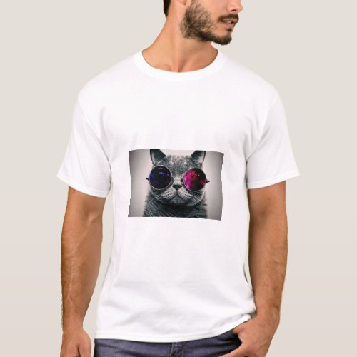 Cool Space Cat with Telescope Glasses Milky Way  T_Shirt