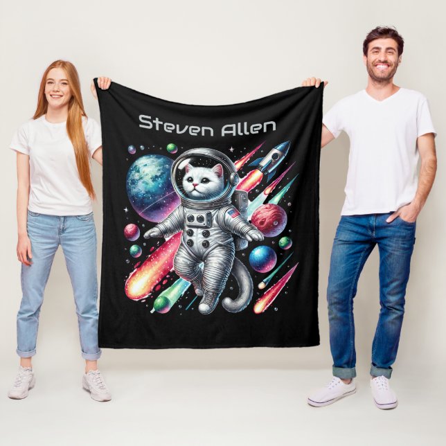 Cool space lovers add name cat fleece blanket (In Situ)