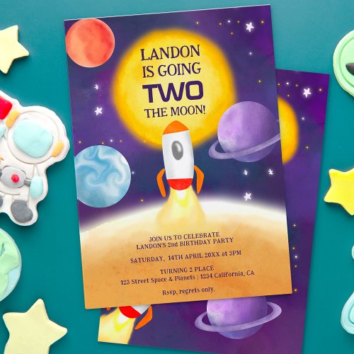 Cool space two the moon planets 2nd birthday invitation