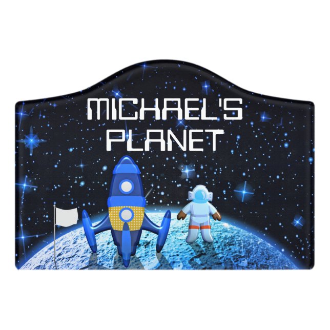 Cool Spaceman and Rocket on Moon Personalised Door Sign (Small Crest Front)