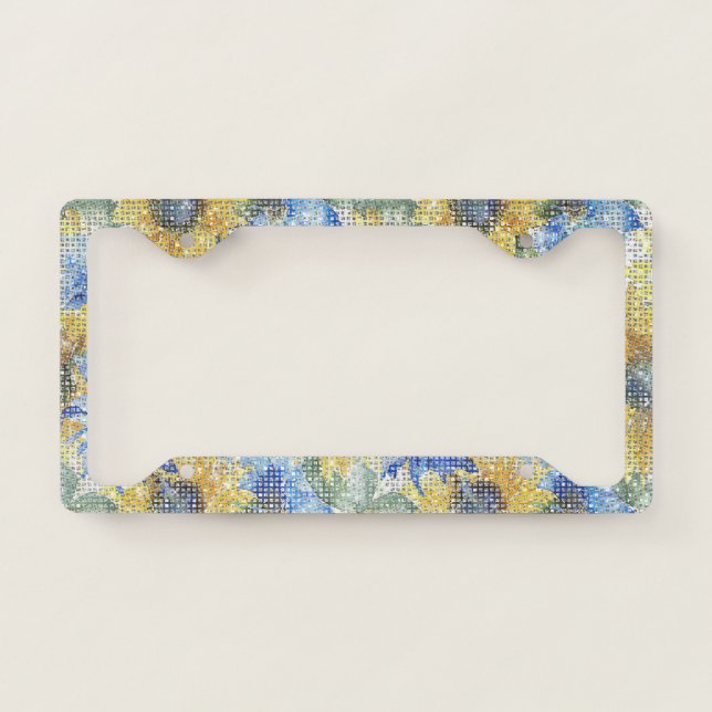 Cool Sparkle Pretty Blue Yellow Sunflowers Floral License Plate Frame (Front)