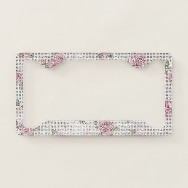 Cool Sparkle Pretty Pink Roses Floral License Plate Frame (Front)