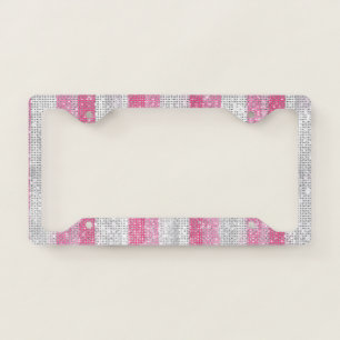 Cool Sparkle White Pink Silver Stripes License Plate Frame
