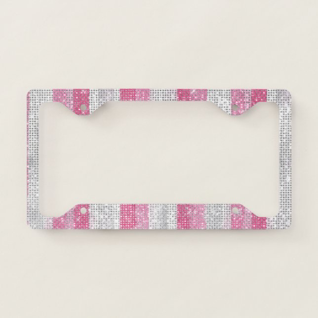 Cool Sparkle White Pink Silver Stripes License Plate Frame (Front)