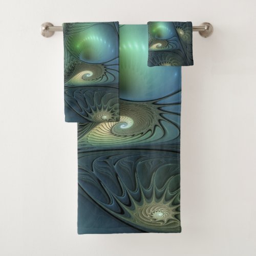 Cool Spirals Beige Green Turquoise Fractal Art Bath Towel Set