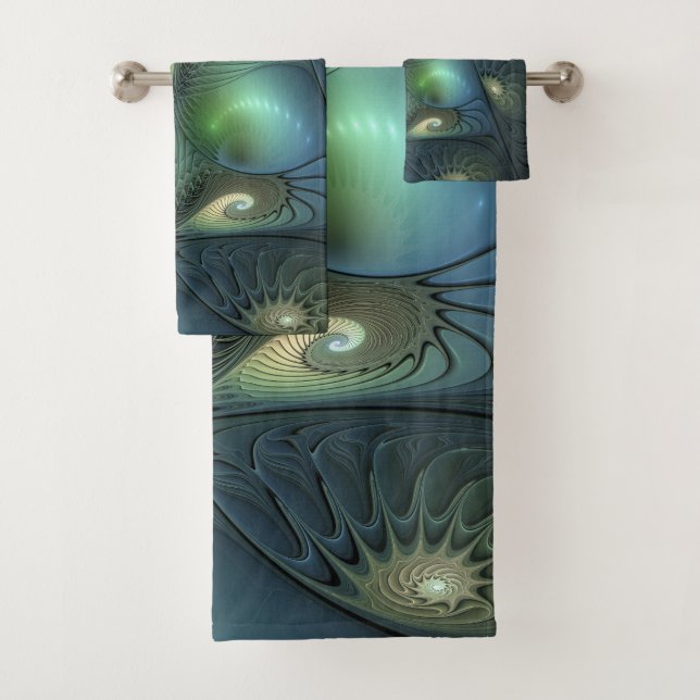 Cool Spirals Beige Green Turquoise Fractal Art Bath Towel Set (Insitu)