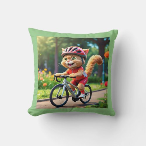 Cool Sporty Cat on Bicycle Throw Pillow