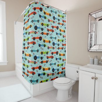 Cool Sporty Race Cars Kids Shower Curtain by LilPartyPlanners at Zazzle