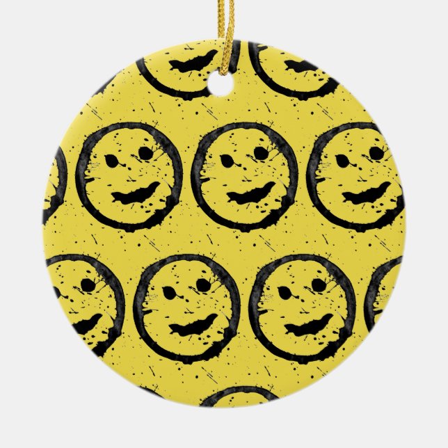 Cool Stained Happy Smiling face pattern yellow Ceramic Ornament (Front)
