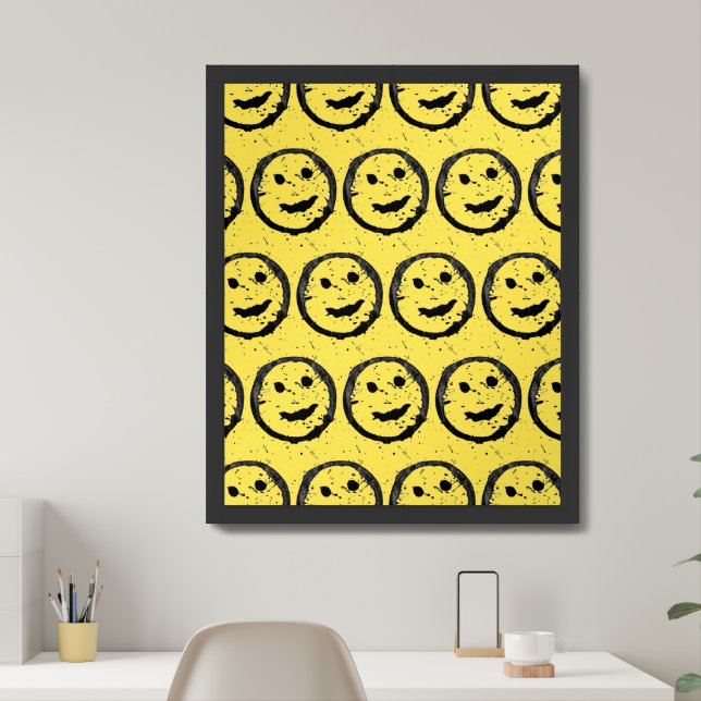 Cool Stained Happy Smiling face pattern yellow Framed Art (Home Office)