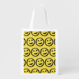 Cool Stained Happy Smiling face pattern yellow Grocery Bag