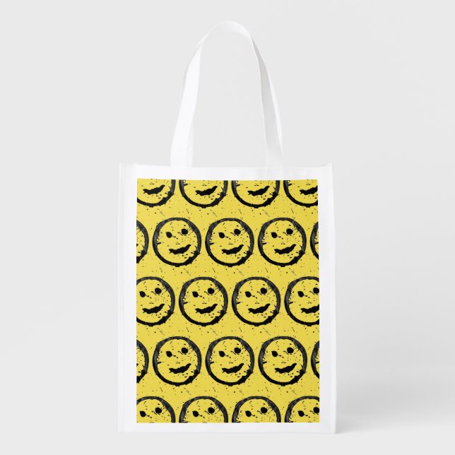 Cool Stained Happy Smiling face pattern yellow Grocery Bag (Front)
