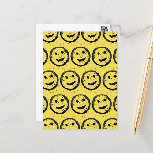 Cool Stained Happy Smiling face pattern yellow Postcard