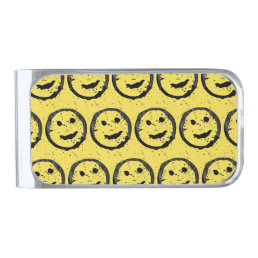 Cool Stained Happy Smiling face pattern yellow Silver Finish Money Clip