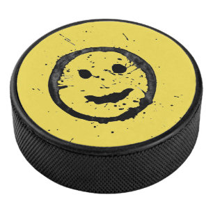 Cool Stained Happy Smiling face yellow Hockey Puck