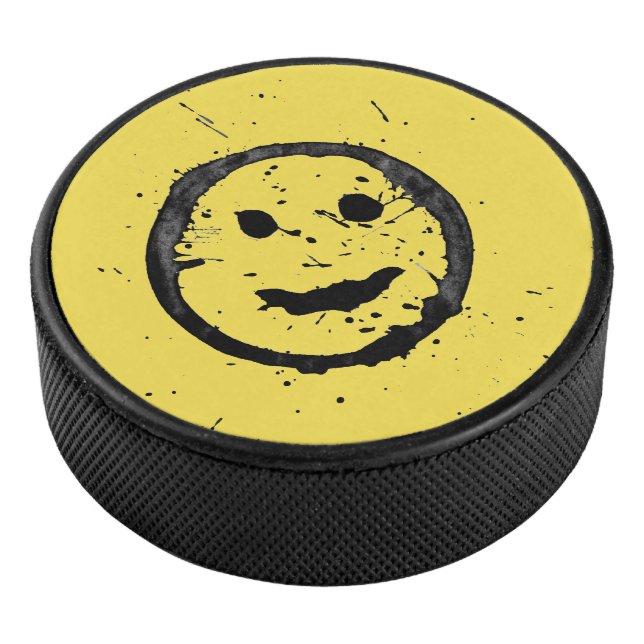Cool Stained Happy Smiling face yellow Hockey Puck (3/4)