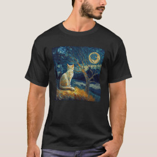 Cool Starry Night Cat Moon Retro Van Gogh Cat Cat  T-Shirt