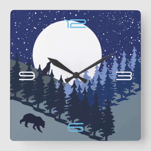 Cool starry night forest landscape full moon blue square wall clock