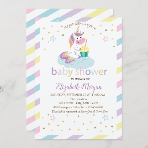 Cool Stars Unicorn Striped Baby Shower Invitation